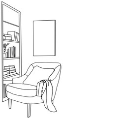 Reading time. A quiet cozy corner at home, bookshelves and a chair