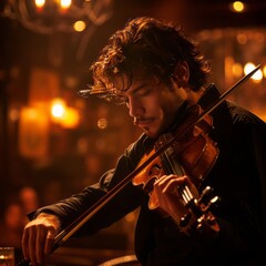 Fototapeta premium A musician playing a violin on a dimly lit stage, deeply engrossed in the music. 