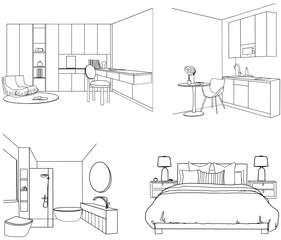 Set of different interior, hand drawn sketch. Bathroom, bedroom, workplace, kitchen