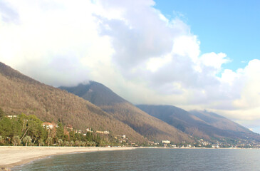 View of the sea and mountains. Black Sea coast of Abkhazia