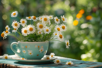 Spring chamomile flowers in teacup on garden table 