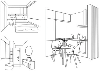Set of different interior, hand drawn sketch. Bathroom, bedroom, workplace, kitchen