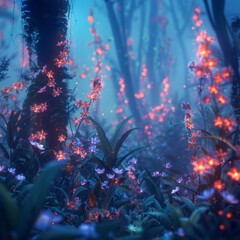 Fototapeta na wymiar A mystical forest with glowing plants and ethereal creatures. 