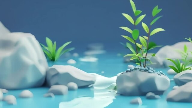 3D illustration of grass in stone in water with blurred background