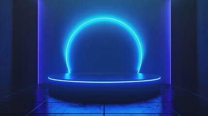 Stage illuminated by blue lights depicts a dramatic scene - obrazy, fototapety, plakaty