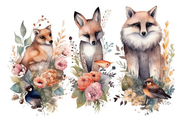 flowers illustration raccoon deer watercolor style Owl Isolated vector fox