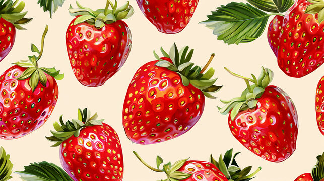 Abstract seamless pattern with red strawberries and green leafs isolated on white background. Close-up.