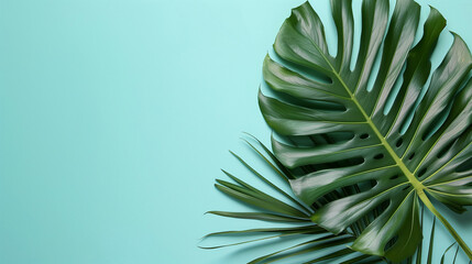 Tropical palm leaf on pastel turquoise background, top view 