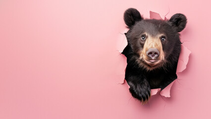 This enchanting photo shows a bear with a gentle expression breaking through a vibrant pink paper...