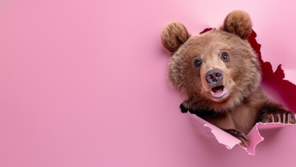 This humorous image captures the rear end of a bear seemingly stuck in a pink paper, comic relief intended - obrazy, fototapety, plakaty