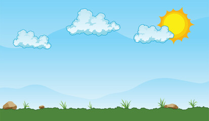 Summer landscape with green grassy field under a clear blue sky with white clouds and shining sun - vector illustration