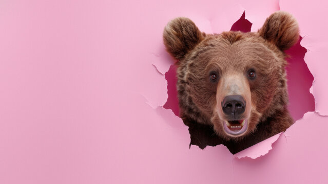 A dynamic composition of a bear roaring mightily tearing through a pink background, depicting power