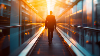 Businessman walking on a moving walkway in a building during sunset
