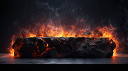Foto op Aluminium Table top stone with fire flames in dark abstract background ©  Mohammad Xte