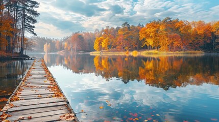 Autumn forest landscape reflection on the water with wooden pier