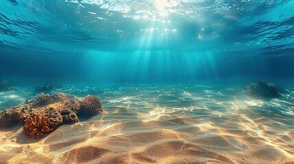 Naklejka na ściany i meble Seabed sand with blue tropical ocean above, empty underwater background with the summer sun shining brightly, creating ripples in the calm sea water