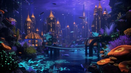 Fototapeta premium An underwater city lit by bioluminescent coral and fish