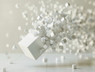 A conceptual image of a box exploding into smaller cubes, symbolizing creativity and disruptive innovation.