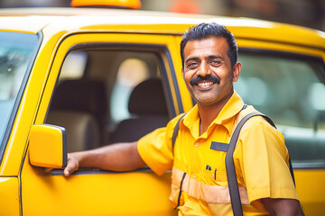 Close-up of smiling male taxi driver in uniform, car yellow background isolate.