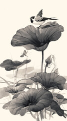 Ink illustration of lotus flower and butterfly, a bird perched on a lotus leaf
