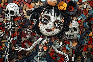 Detailed Mosaic Artwork of Cute Chibi Girl in Gothic Horror-Inspired Day of the Dead Setting