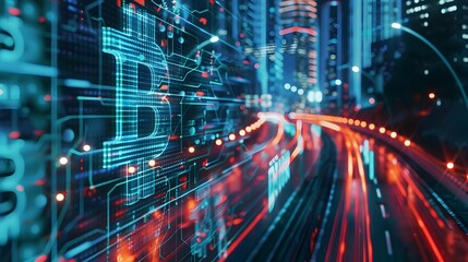 Fototapeta na wymiar Futuristic Digital Landscape of Highspeed Financial Trading using Blockchain Technology with Bitcoin Symbols