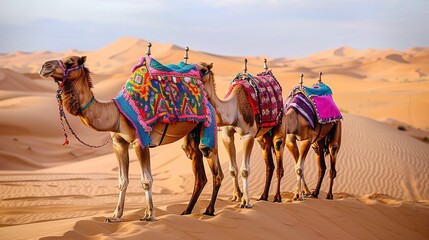 Camels in a bright traditional cape against the backdrop of the sand dune desert . Tourism warm countries background