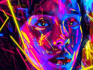Neon Lights Illuminating Asian Woman's Portrait in Digital Art