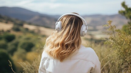 Fototapeta na wymiar Music therapy, harmony, mental health concept. Pretty young woman enjoying music with headphones outdoors. Woman wearing headphones enjoying music and good vibes 
