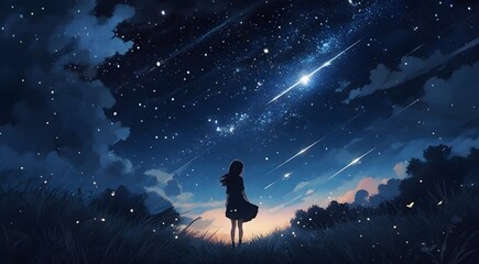 Little girl in the field at night with stars in the sky.