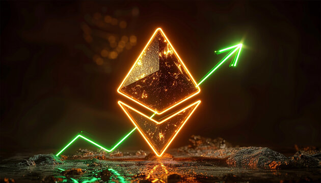 Ethereum growing concept. Ethereum cryptocurrency with rising up candle stick graph chart. 3d Ethereum(ETC) on green background with HUD elements. Cryptocurrency with stock market