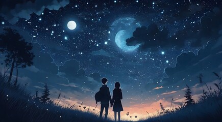 Fototapeta na wymiar Couple in love looking at night sky with stars.