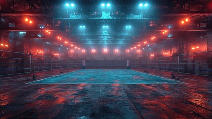 A photograph capturing the grandeur of a large, unoccupied wrestling ring under the intense glow of bright lights.
