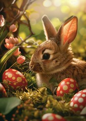 Fototapeta na wymiar Easter graphics, bunnies and Easter eggs, mushrooms, flowers, magical world.