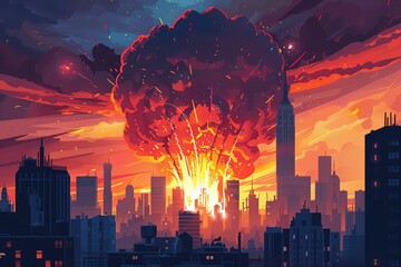 Explosion of nuclear bomb in the city. end of world illustration. Nuclear war threat concept - obrazy, fototapety, plakaty