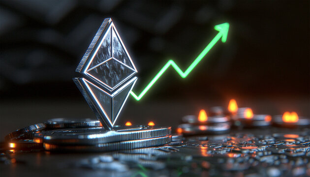 Ethereum growing concept. Ethereum cryptocurrency with rising up candle stick graph chart. 3d Ethereum(ETC) on green background with HUD elements. Cryptocurrency with stock market