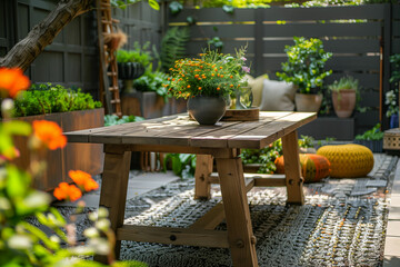 Wooden display table in eco-friendly backyard garden setting 