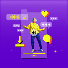 Positive smiling young girl inside mobile phone screen with social media icons around. Leading online video stream for followers. Blogger. Concept of social media, blogging, online communication