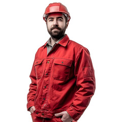 Portrait of a worker in a red jacket and a helmet isolated on transparent background