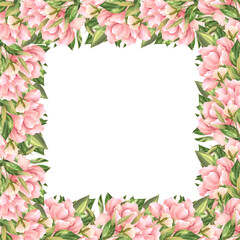 Frame with pink flowers. Floral background.