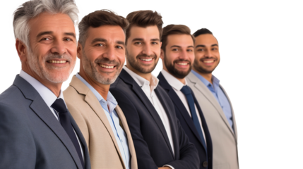 businessmen of different ages smiling looking at camera isolated on transparent background, portrait business people of diverse age group cutout  