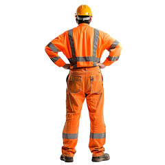 Back view of a male construction worker wearing safety vest and helmet standing with hands on hips isolated on white background