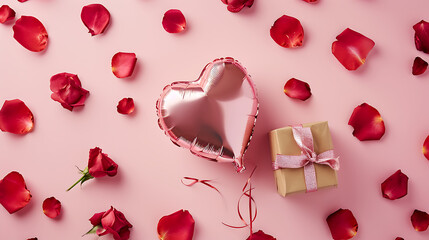 An overhead shot of a heart-shaped balloon floating above a gift box surrounded by scattered rose petals on a light pink background.