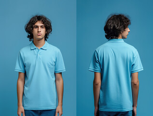 Front and back views of a man wearing a blue polo shirt mockup template