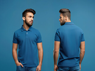 Front and back views of a man wearing a blue polo shirt mockup template