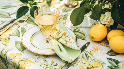 Wedding or formal dinner holiday celebration tablescape with lemons and flowers in the English countryside garden lemon tree, home styling - obrazy, fototapety, plakaty