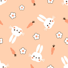 Seamless pattern with bunny rabbit cartoons, carrot and white flower on orange background vector.
