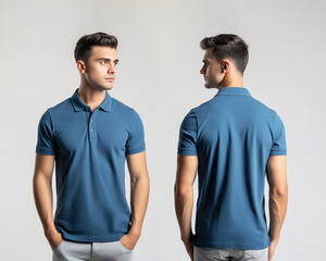 Front and back views of a man wearing a blue polo shirt mockup template