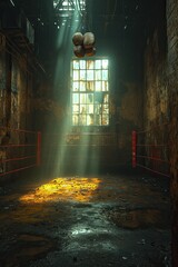 A dimly lit room illuminated by a soft light filtering through a window, casting rays onto the floor.
