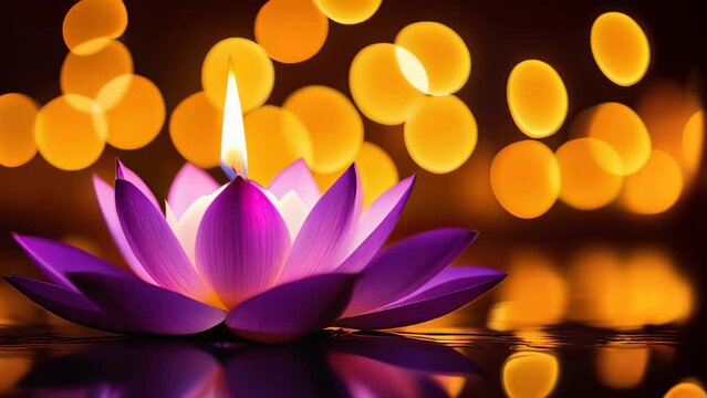 Beautiful pink lotus flower on bokeh background. lanterns and garlands made from flower and candle. Concept holiday vesak day, religious, buddhism, lotus, sparkling background motion graphic.